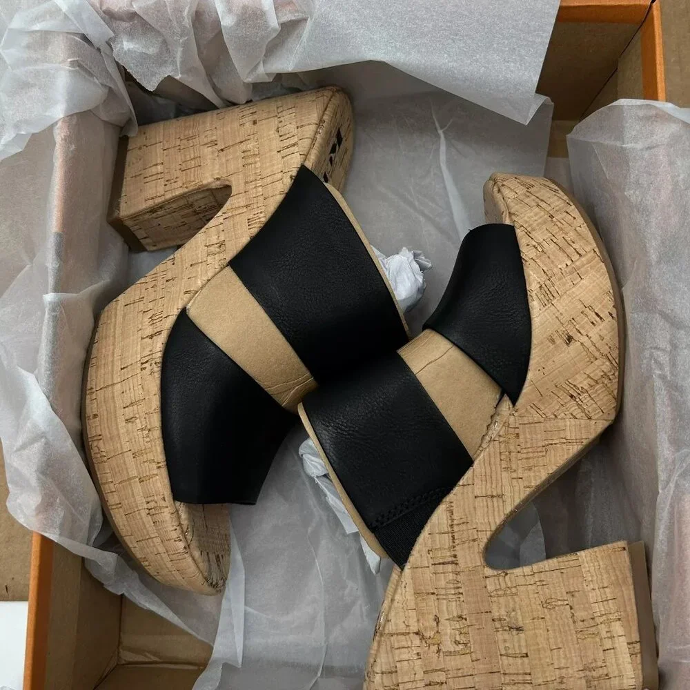 Korks Dezi Womens Cork Platform Sandal Size 9 Black/Tan Strappy Style Block Heel
